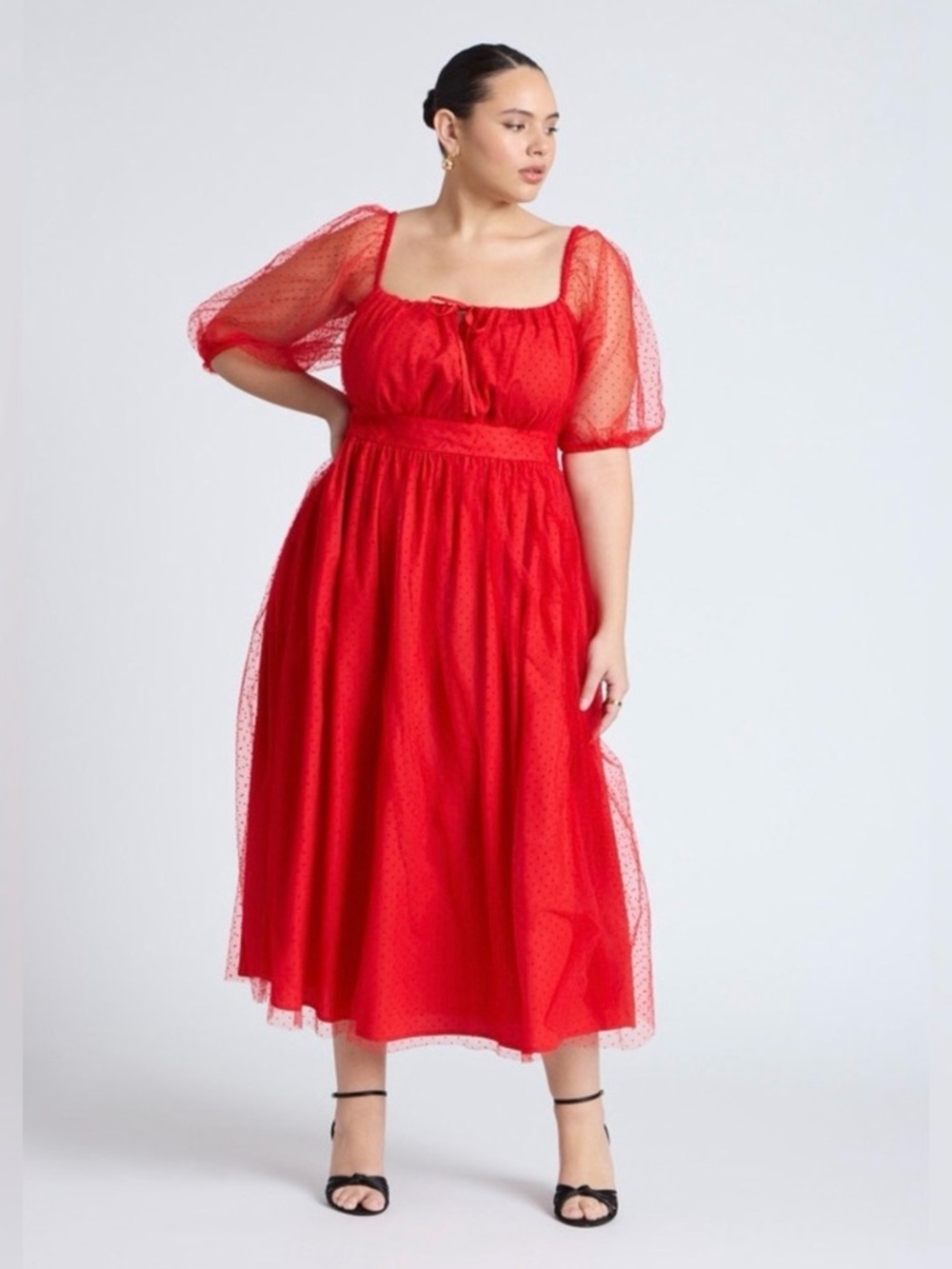 Eloquii Red Midi Puff Sleeve Dress